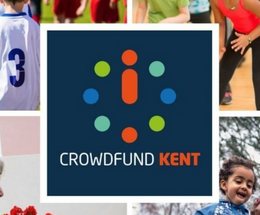 The Crowdfund Kent logo of an abstract clock with dots on a collage of community pictures.