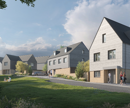 An artist&#039;s impression of the Highview development including green space and several large half timbered houses