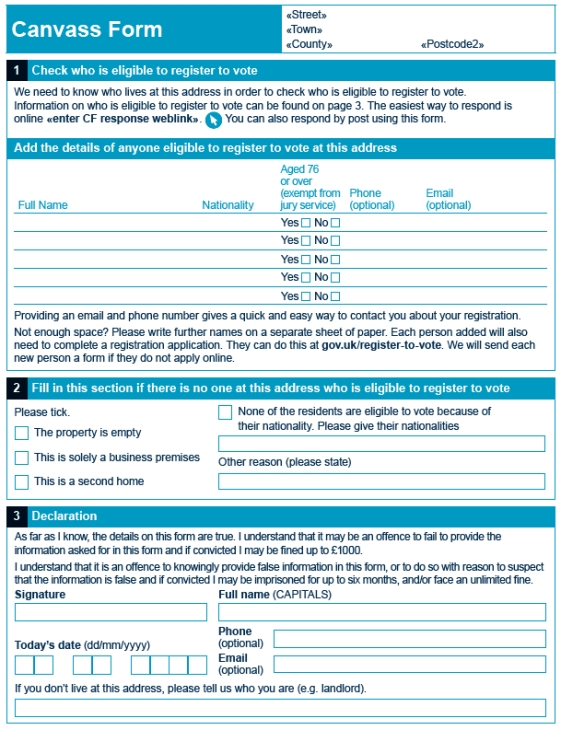 An image of the first page of the canvass form.