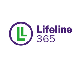 Two green L&#039;s nestle together in a purple circle next to purple words saying Lifeline365