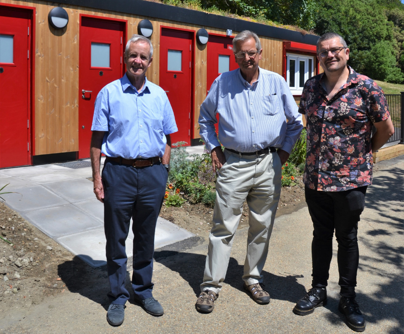 Cllr Jim Martin, Cllr Jeremy Speakman and Cllr Tim Prater in front of the new Lower Leas Coastal Park toilets.