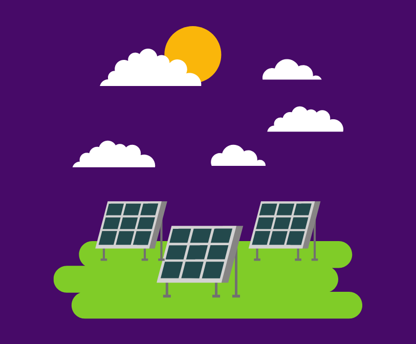 A graphic representing solar panels beneath the sun on a purple background.