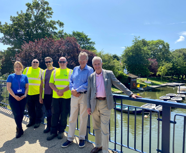 An image of staff at the Royal Military Canal in Hythe. From left to right: Members of the grounds maintenance team, (Attila, James and Dave), Horticultural Senior Specialist Jana, Cllr Jeremy Speakman and FHDC Leader Cllr Jim Martin.