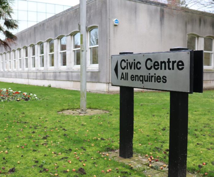 A photograph of an &quot;all enquiries&quot; sign outside the Civic Centre.