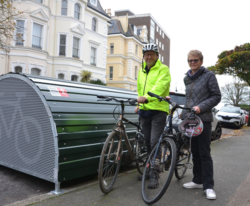 Cllr James Butcher (L), a Clifton Crescent resident, and Cllr Polly Blakemore (R) next to one of the new hangars