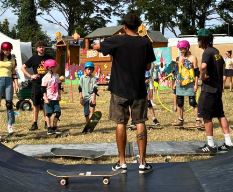 An image of a group of skateboarders at a skate park