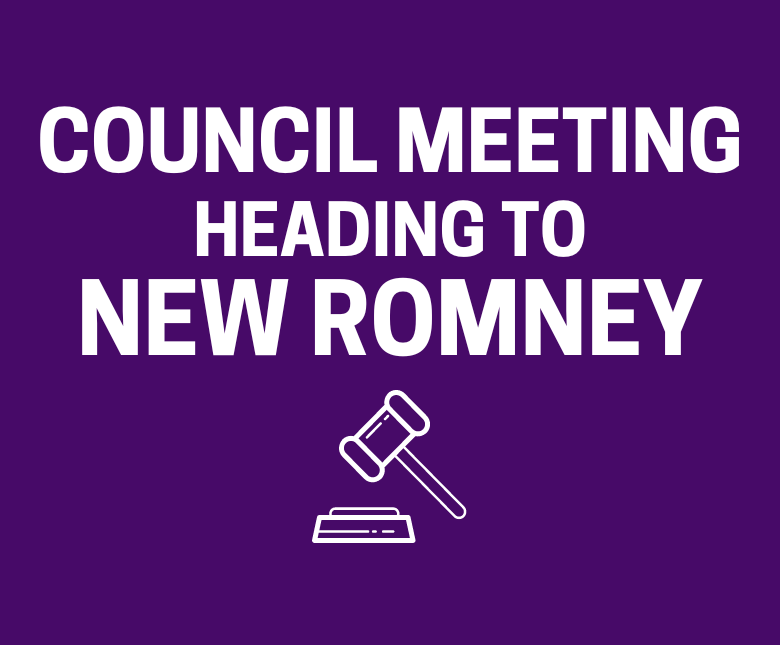 A purple graphic image of a judge gavel as well as text that reads: &quot;Council meeting heading to New Romney&quot;.