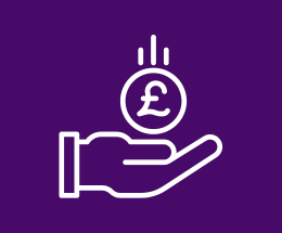 White outline image of human hand and a pound coin on a purple background.