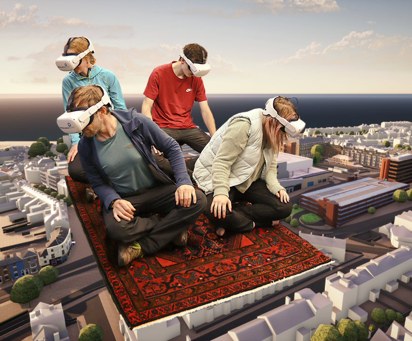 Four people on an imaginary magic carpet flying about a digital image of Folkestone town centre.