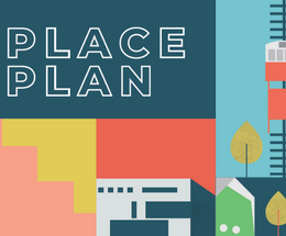 The words Place Plan on a background of abstract shapes in bright colours.
